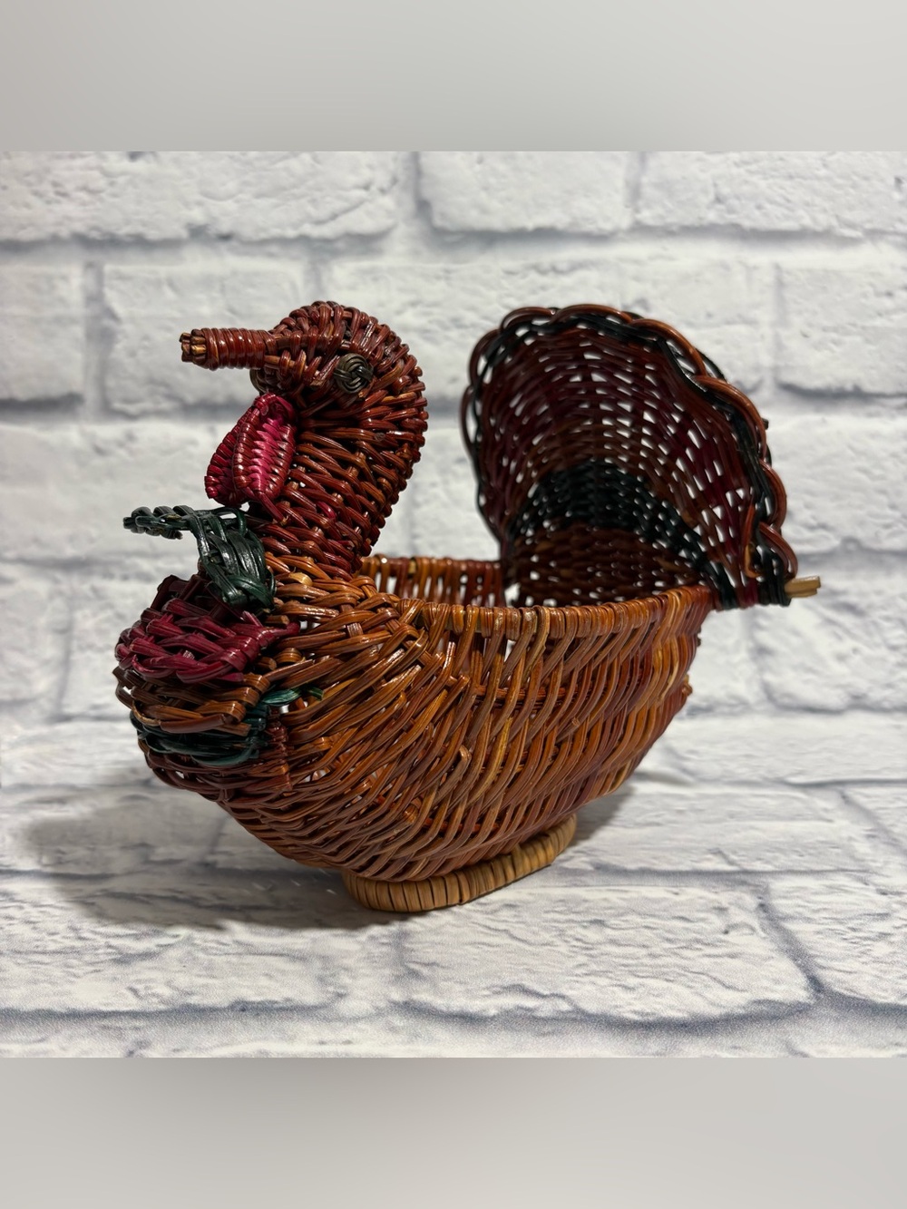 Vintage woven wicker turkey shaped basket home decor